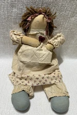 Marty Maschino-Attic Babies-Folk Art Girl In Pinafore/Pantaloons-Rag Cloth Doll