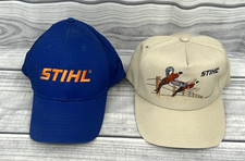 2 VINTAGE STIHL ADJUSTABLE SNAP BACK HATS - TAN EMBROIDERED PHEASANT / BLUE