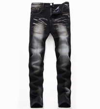 Men's Black Denim Jeans Straight Leg Mixed Color Motorcycle Pants Punk Hip Hop