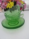 Vintage Uranium Depression  Federal Glass Thumbprint Optic Cups & Saucers (2)