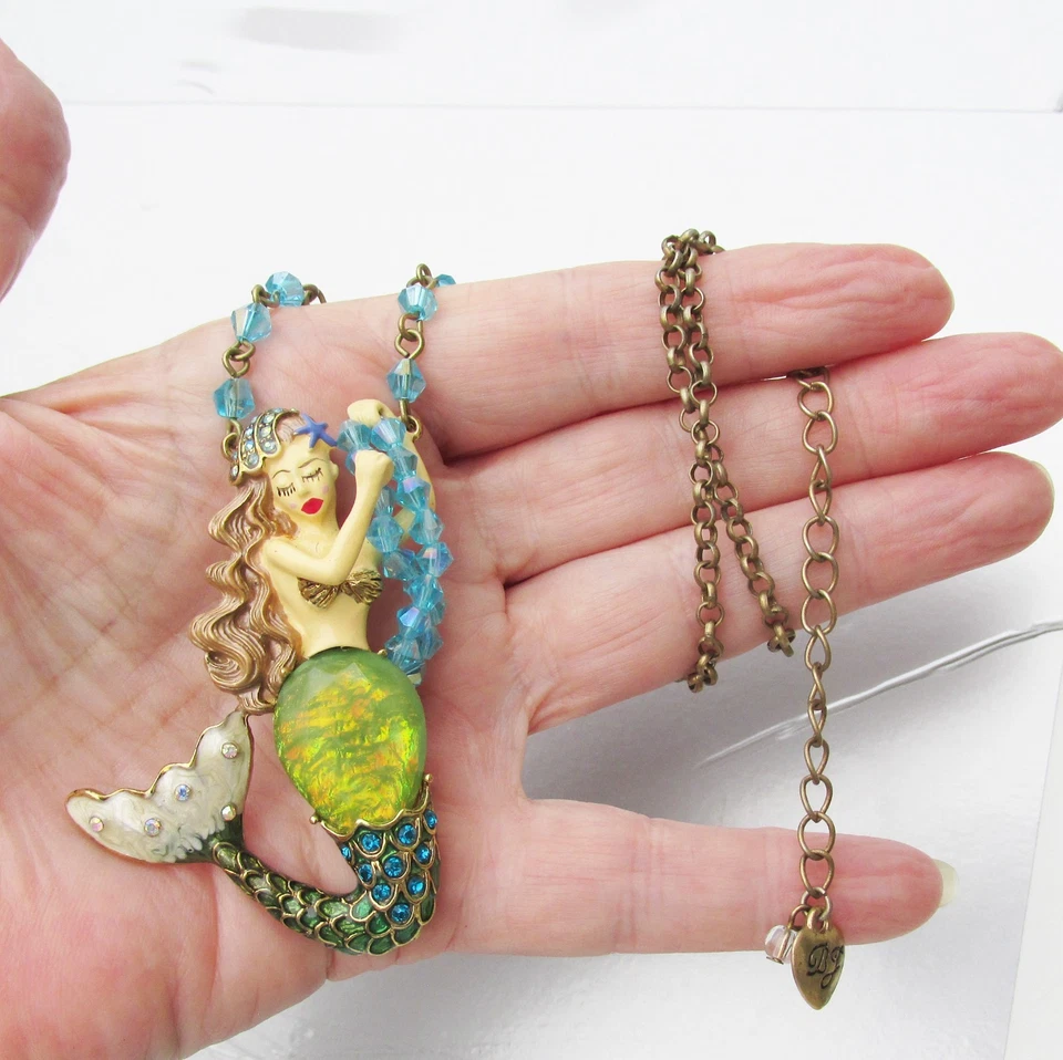 Retired Betsey Johnson INTO THE BLUE SEA Faux Opal Mermaid Pendant Necklace - Image 4 of 4
