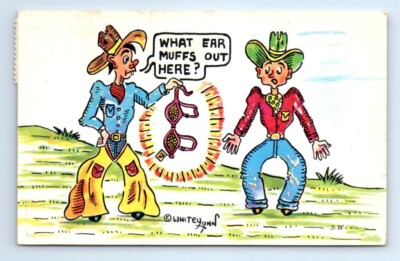 Cowboys Western Bra WHAT EARMUFFS OUR HERE? Comic Humor Postcard c.1965