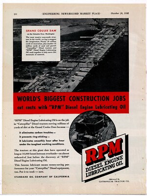 1938 RPM DELO Ad: Grand Coulee Dam Pic - Caterpillar Tractors, Washington State