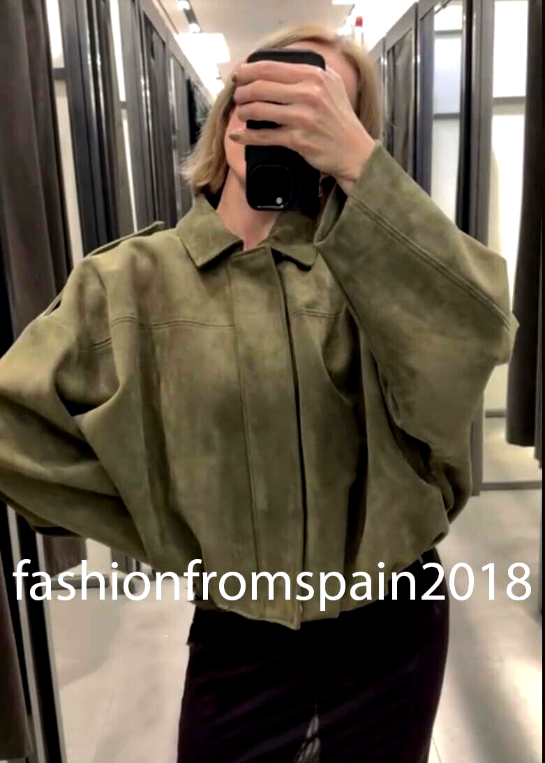 ZARA NEW WOMAN FAUX SUEDE BOMBER JACKET MID-KHAKI GREEN S,M,L 4344