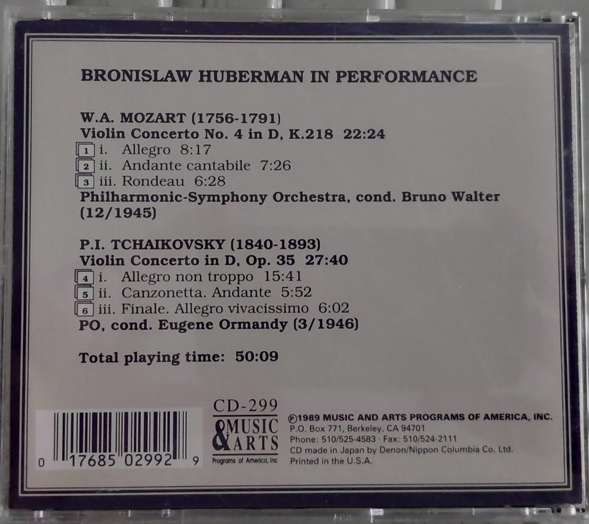 Bronislaw Huberman モーツァルト チャイコフスキー CD Bronislaw Huberman in Performance - Mozart & Tchaikovsky Violin