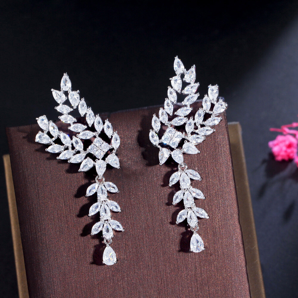 White Leaf Wing CZ Silver Plated Long Dangle Drop Earrings for Women