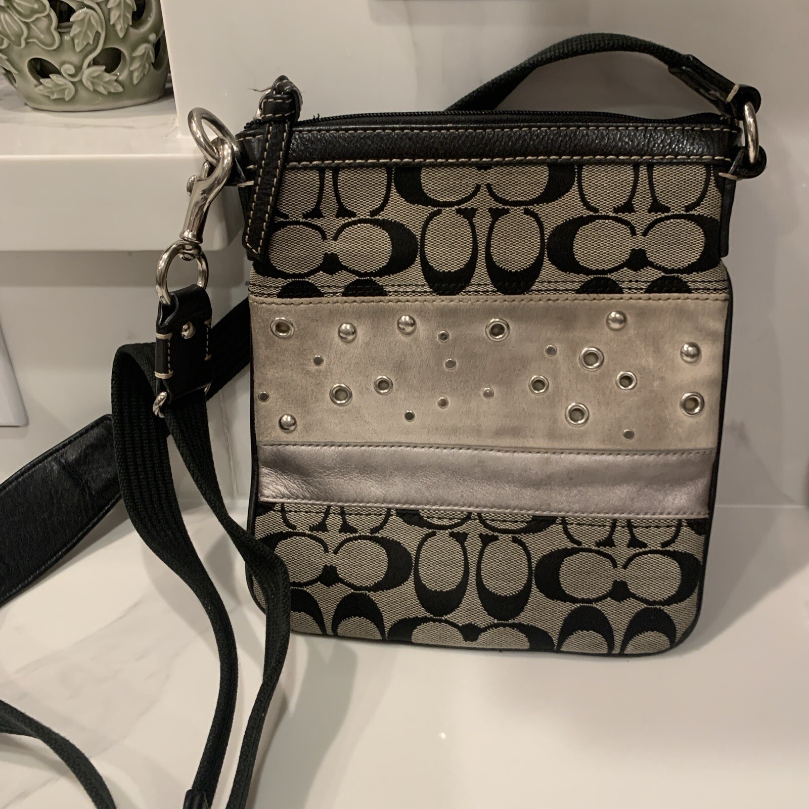 Y2K Coach Crossbody Kissing CC Black Silver Suede Studded Purse Bag