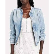 Mother The Quad Denim Bomber Jacket Light Wash Women's Size Medium