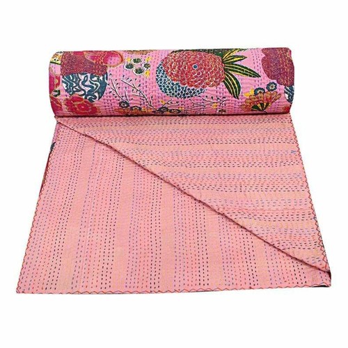 Handmade Kantha Throw Blanket Reversible Queen size Hippie Pink Cotton Kantha - Afbeelding 3 van 5