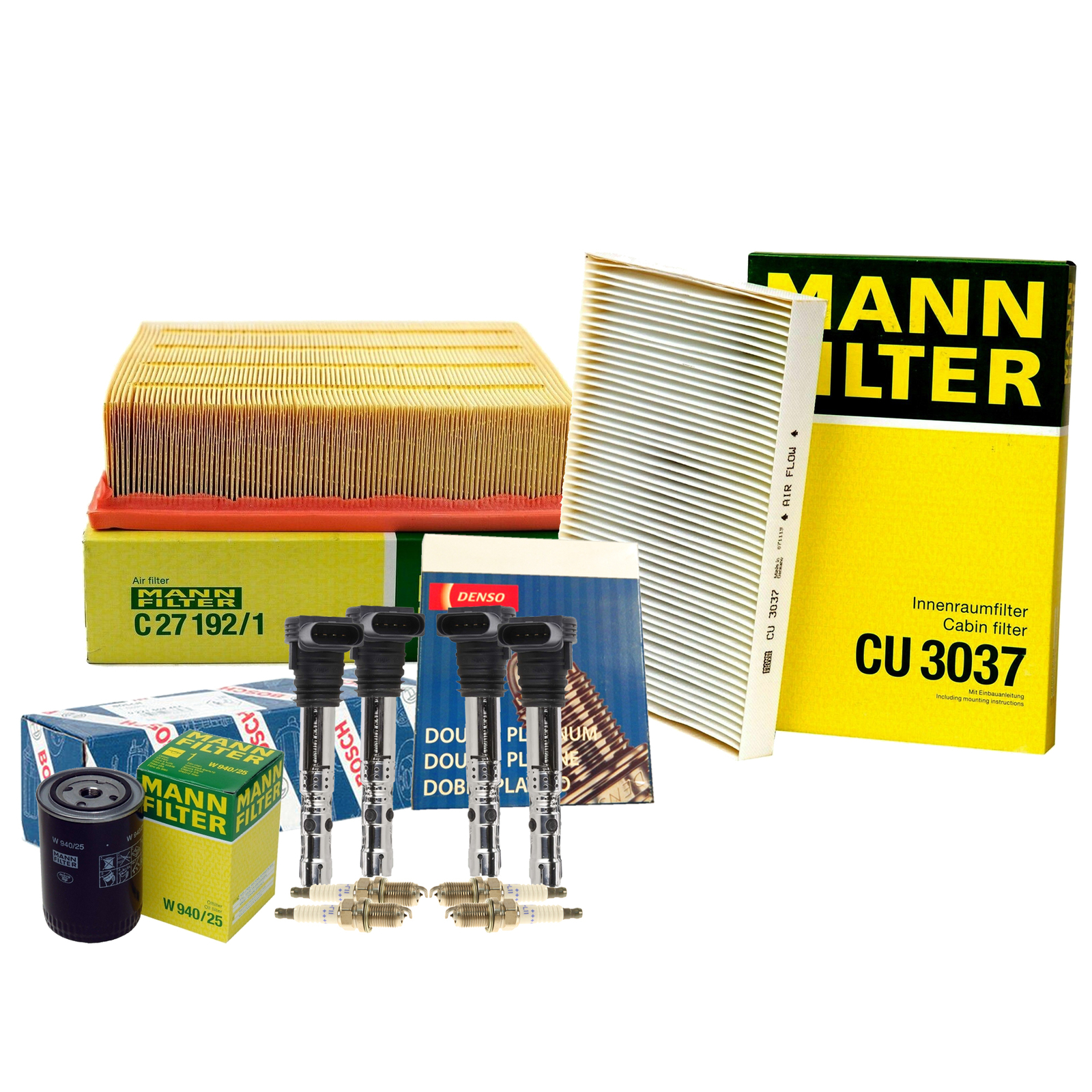 Mann Filters Bosch 4 Coil Denso 4 Double Platinum Spark Plug TuneUp Kit For Audi