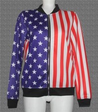 VTG USA Flag Stars Stripes Zipper Smooth Poly Stretch Bomber Jacket Wm's M/L EXC