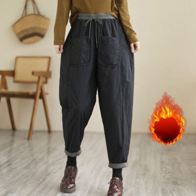 Lady Pants Padded Quilted Trousers Tapered Leg Outdoor Warm Casual Thick Winter