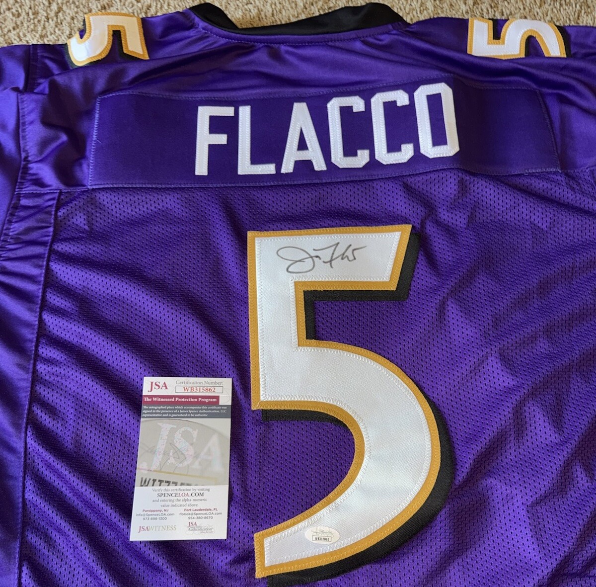 Joe Flacco Autographed Signed Baltimore Ravens / Custom Purple Jersey JSA COA XL 