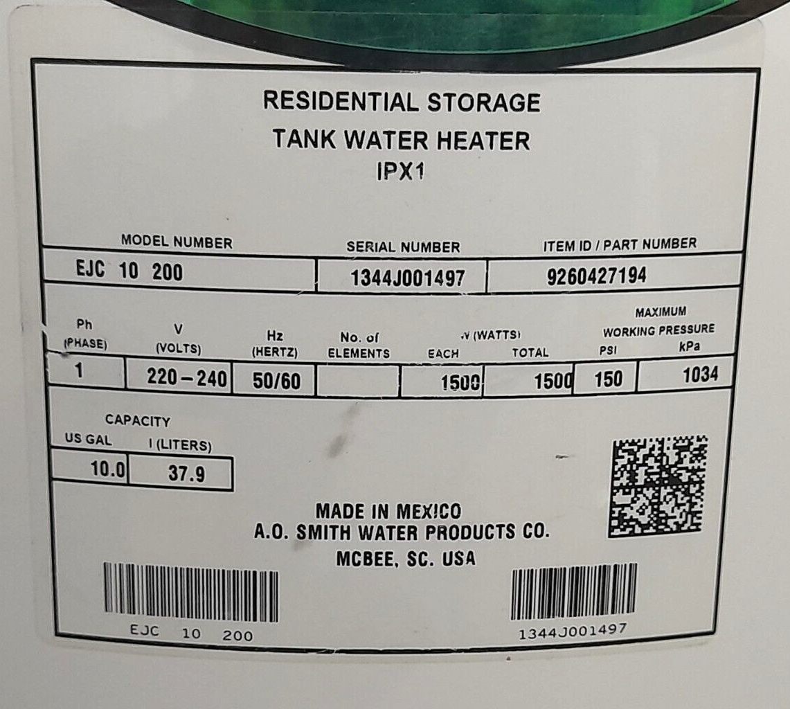 AO Smith EJC 10 200 Residential Storage Tank Water Heater 9260427194 | eBay