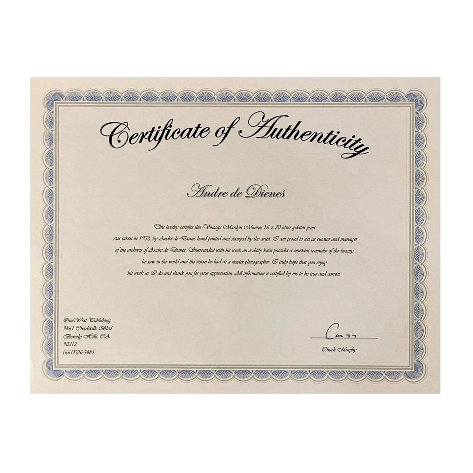 Marilyn Monroe Bath Photo 1953 by Andre De Dienes – Authentic Silver Gelatin COA - Image 2 of 3