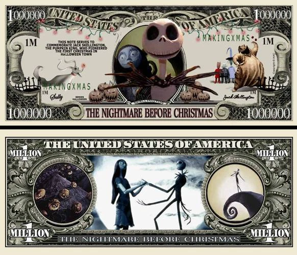 TIM BURTON / L'ETRANGE NOEL de Mr JACK ! BILLET COLLECTOR 1 MILLION DOLLAR US !