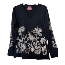 Johnny Was Riley Slit Long Tee Cotton Shirt Floral Embroidered Black Top NEW