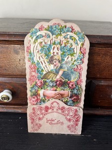 Antique German Victorian 3D Pop Up Fold Out Die Cut Embossed Valentine Card