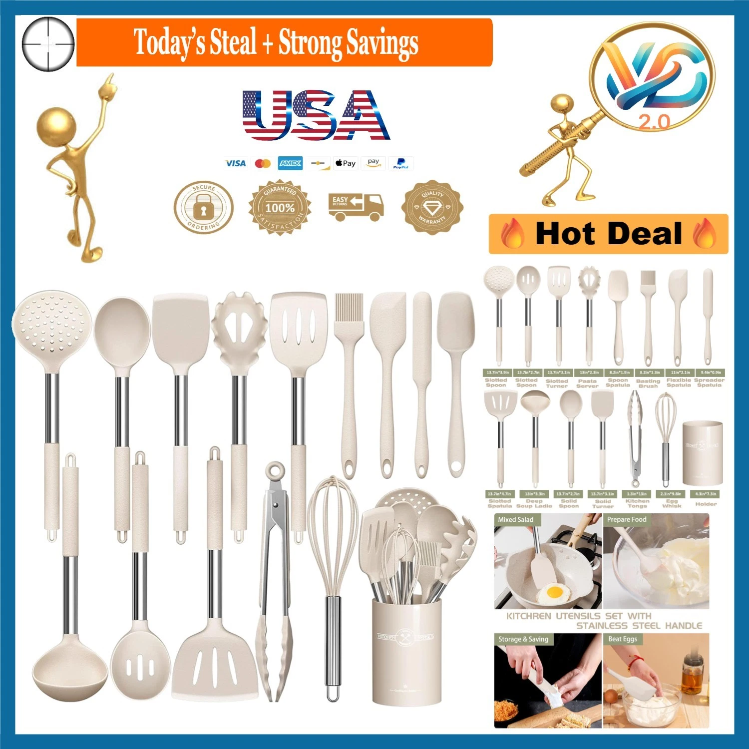 15-Piece Stainless Steel Kitchen Utensils Set Nonstick Spatula Cookware Tools...