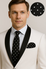 Mens Luxury Twill Black & White Silver Polka Dot Tie Groomsman Woven Silk 306