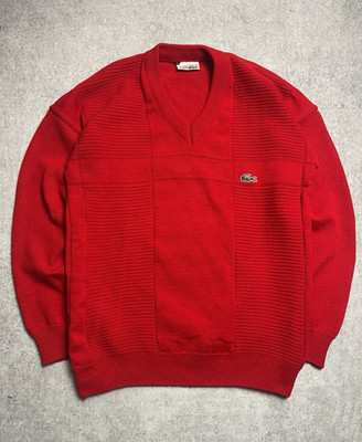 Lacoste Herren Strickpullover V-Ausschnitt Langarm Rot Gr. M Vintage France