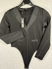 NWT Mani re De Voir Black Bodysuit UK sz 16 Tuxedo Details body con long sleeve