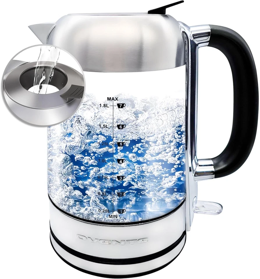 Elegante hervidor eléctrico plateado con vidrio de borosilicato de 1,8 L y apagado automático Foto 3 de 4