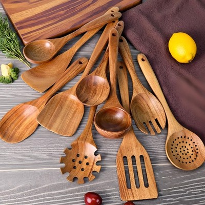 10PCS Wooden Cooking Utensils Set Kitchen Spoons Natural Wood Spatula Tools