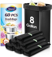 8 Gallon Black Trash Bags 60 Count Strong Bin Liners Fit 7  8 Gal Waste Cans