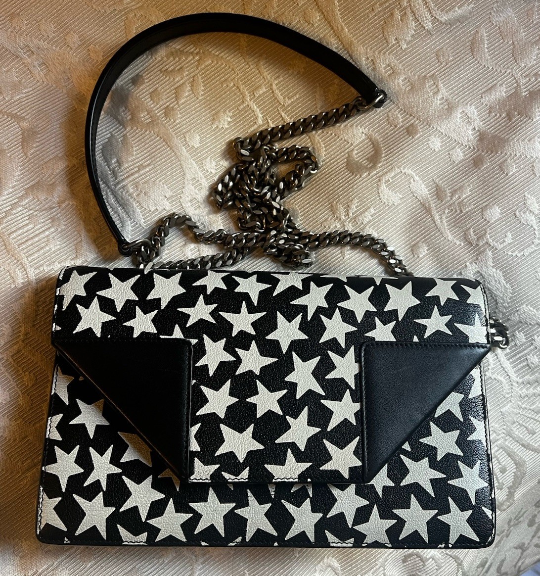 Borsa Saint Laurent Astro Star Autentica tracolla YSL in pelle bianca e nera