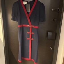 USED GUCCI NAVY AND RED WRAP DRESS GOOD