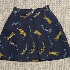 Elegante Falda de Neopreno Torn by Ronny Kobo Azul Marino Línea A con Estampado de Tigre Talla XS