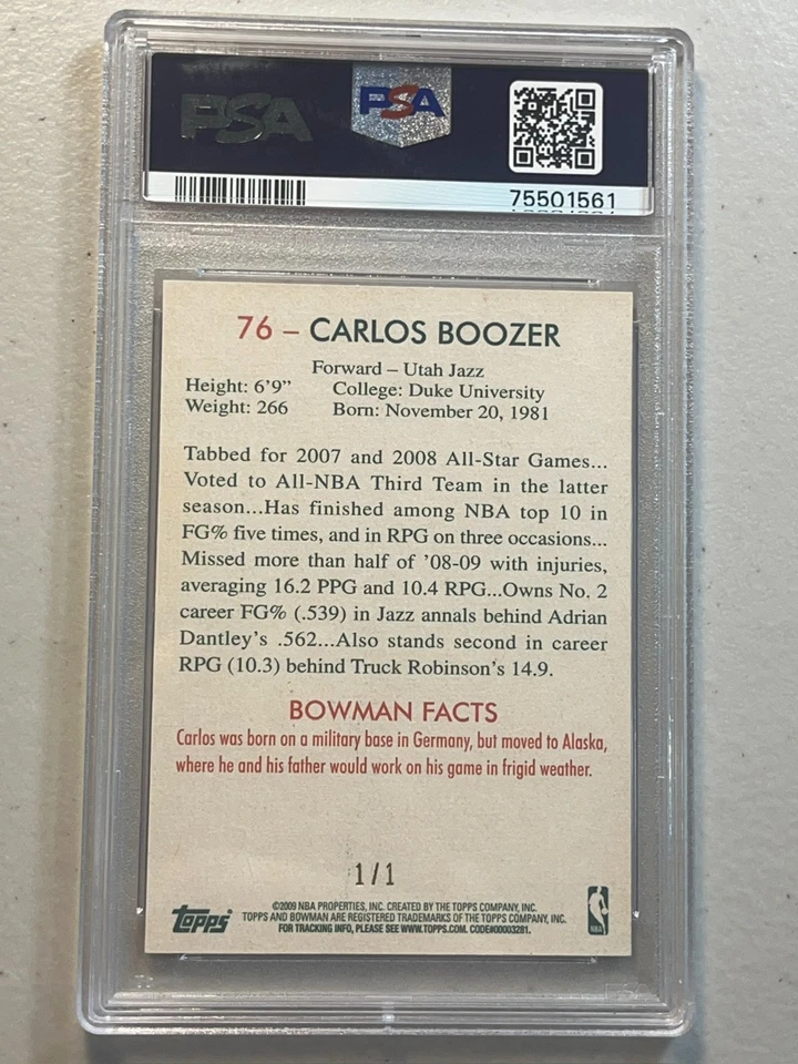 Carlos Boozer 2009-10 Topps Bowman 48 1/1 rojo #76 PSA 7 Utah Jazz Foto 2 de 2