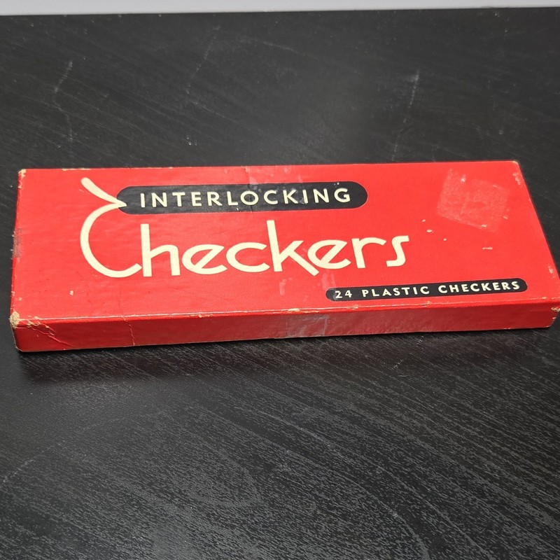 Interlocking Checkers 24 Plastic Game Pieces Set in Box Red & Black Vintage