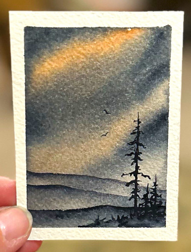 ACEO original watercolor painting, Northern lights, Aurora, by Sasha Lehto
