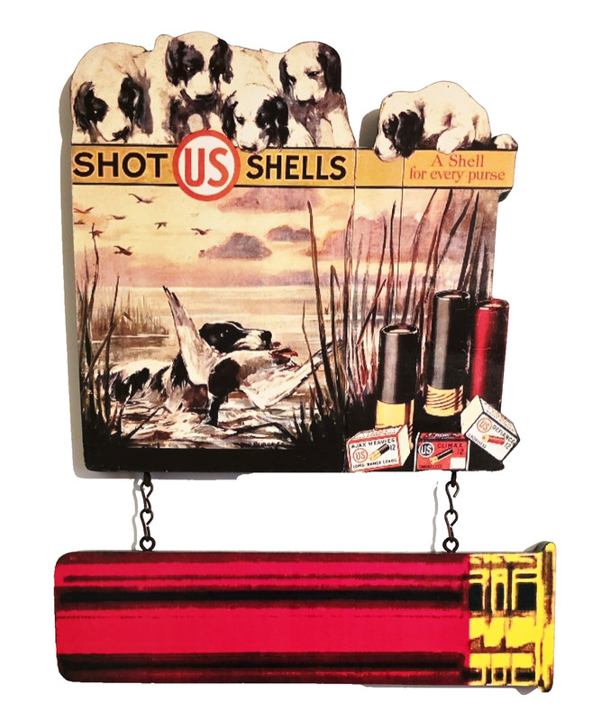 1910-30's US SHELLS Duck Hunting Die-Cut Sign with AJAX, CLIMAX, DEFIANCE Shell