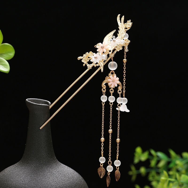 Silber Blumen Haarspange Retro Chinesisch – Kanzashi Aus Legierung, 16 Cm, Mit Künstlichen Edelsteinen, Für Hochzeit & Party