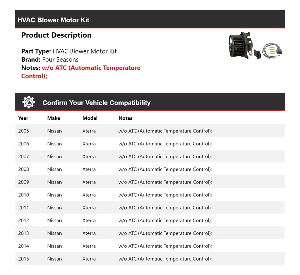 Kit de motor soplador de climatización para Nissan Xterra 2005-2015 4 estaciones 2006 2007 2008 2009 Foto 2 de 3