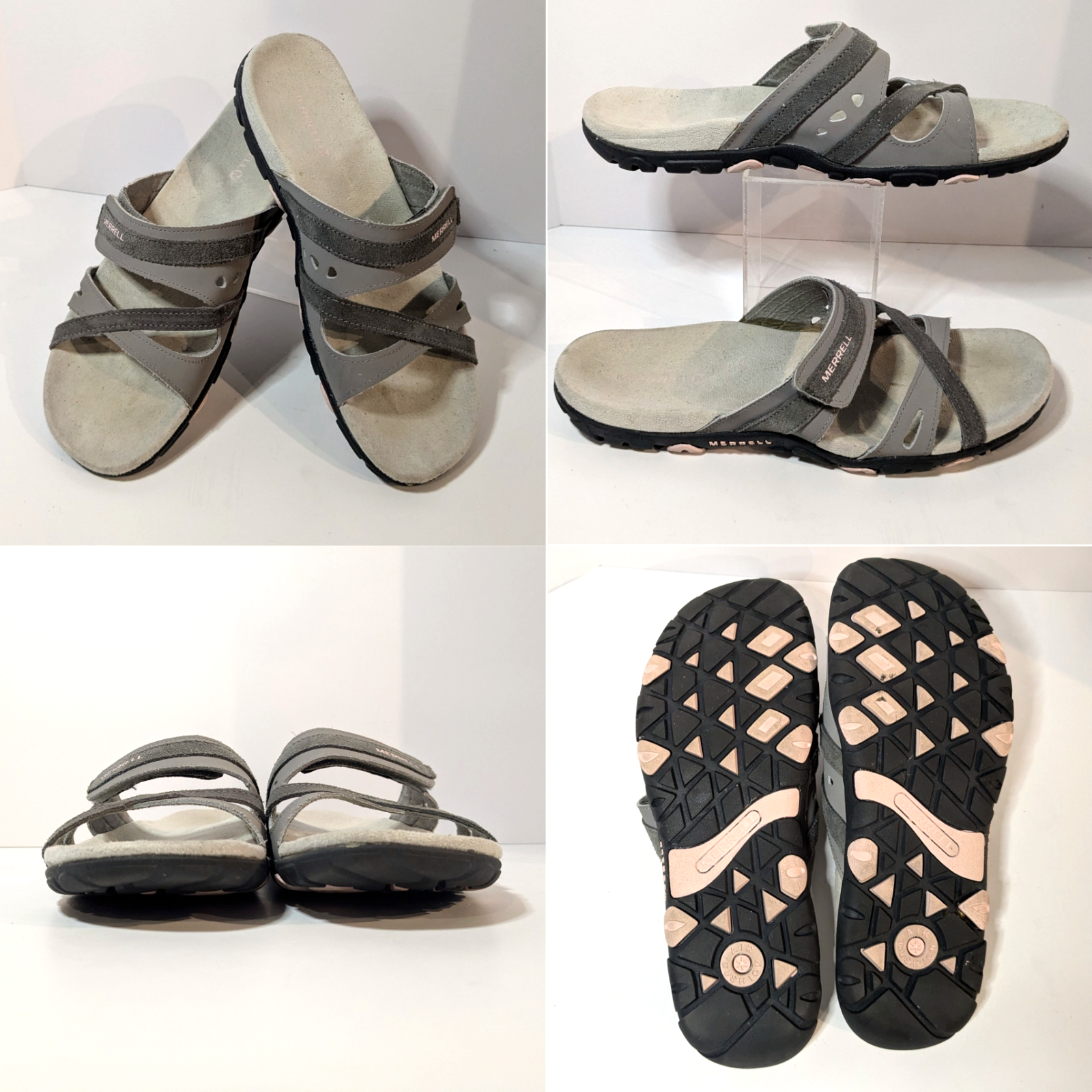 Sandalo Merrell taglia 9 scarpa da spiaggia grigio con logo rosa accento attrezzatura slip on