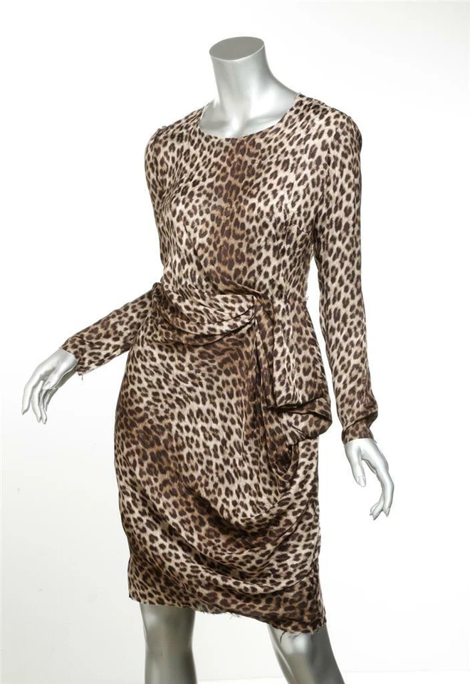LANVIN Womens Leopard Animal Print Chiffon Raw-Edge Long Sleeve Dress 6-38 NEW