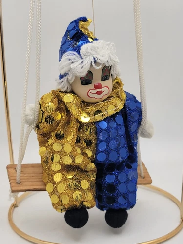 Vtg MARIONETTE STRING PUPPET CLOWN ON SWING HANGING PORCELAIN FACE Blue/gold