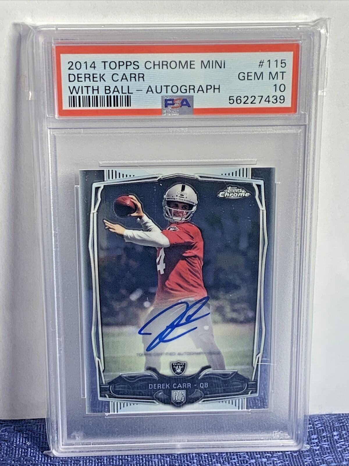 Derek Carr 2014 Topps Chrome Mini W/ Ball Autograph Rookie Auto Card #115 PSA 10