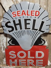 VINTAGE SHELL PORCELAIN SIGN OLD 36" DIECUT GAS GASOLINE MOTOR OIL SOLD HERE USA