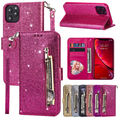Glitter Bling Zipper Leather Wallet Case For iPhone 15 Pro Max 14 13 12 11 XR 87