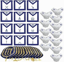 Masonic Blue LODGE Gold Chain Collar, Officers Aprons Set of 12 with gloves