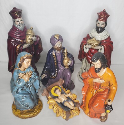 Vintage Christmas Nativity Set Hand Painted Ceramic 7 Piece Large Detailed