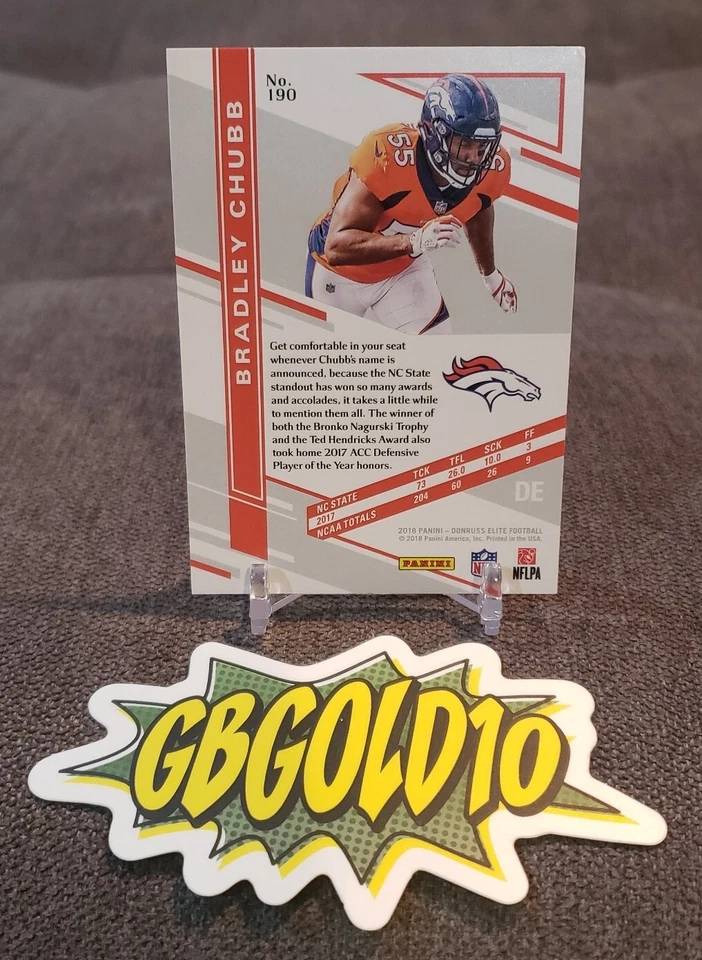 2018 Donruss Elite Bradley Chubb RC #190 Orange HOLO Rookie #'d 25/99 Broncos  - Image 2 of 3