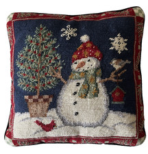 Needlepoint Snowman Pillow Christmas Tree Snow Cardinal Birds 13"