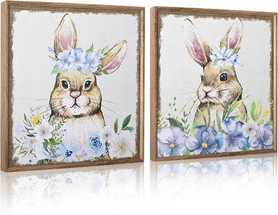 ArtbyHannah Framed Easter Canvas Wall Art Set 12x12 Spring Decor Bunny Egg