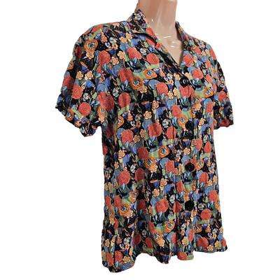 Flax Women Size M Casual Button Up Top Blouse Shirt Floral Short Sleeve
